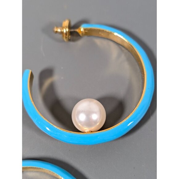 Turquoise Blue Enamel Hoop Earrings Faux Pearl Signed Kenneth Lane - Picture 6 of 10